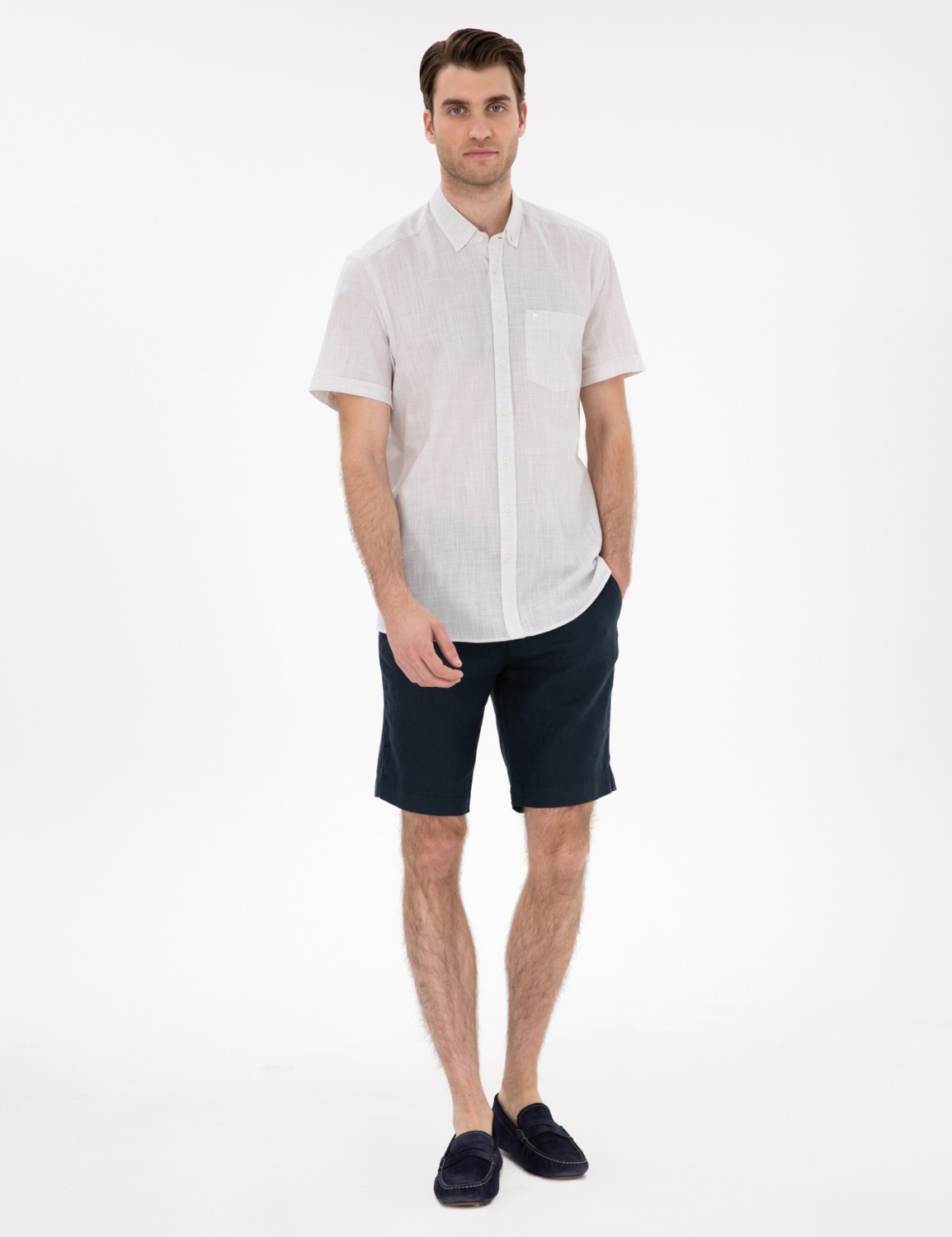 Pierre Cardin Erkek Lacivert Keten Görünümlü Regular Fit Kısa Kollu Cepli Gömlek 50306950-VR033 görsel 4