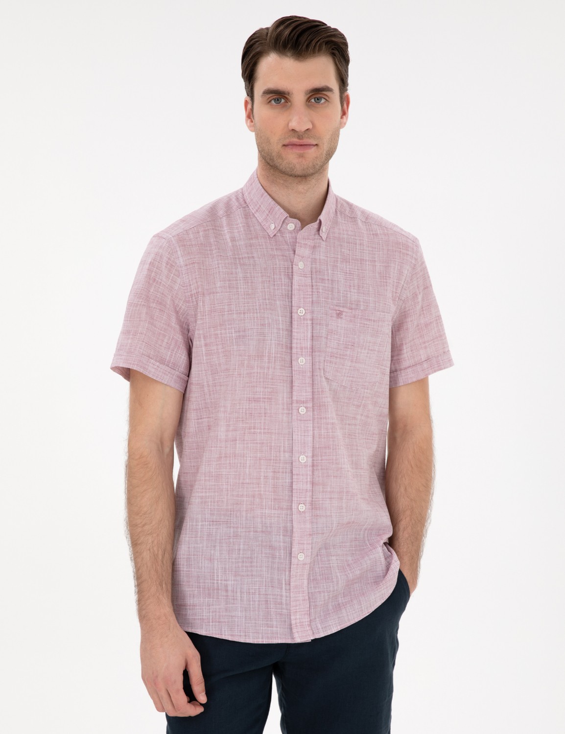 Pierre Cardin Erkek Lacivert Keten Görünümlü Regular Fit Kısa Kollu Cepli Gömlek 50306950-VR033