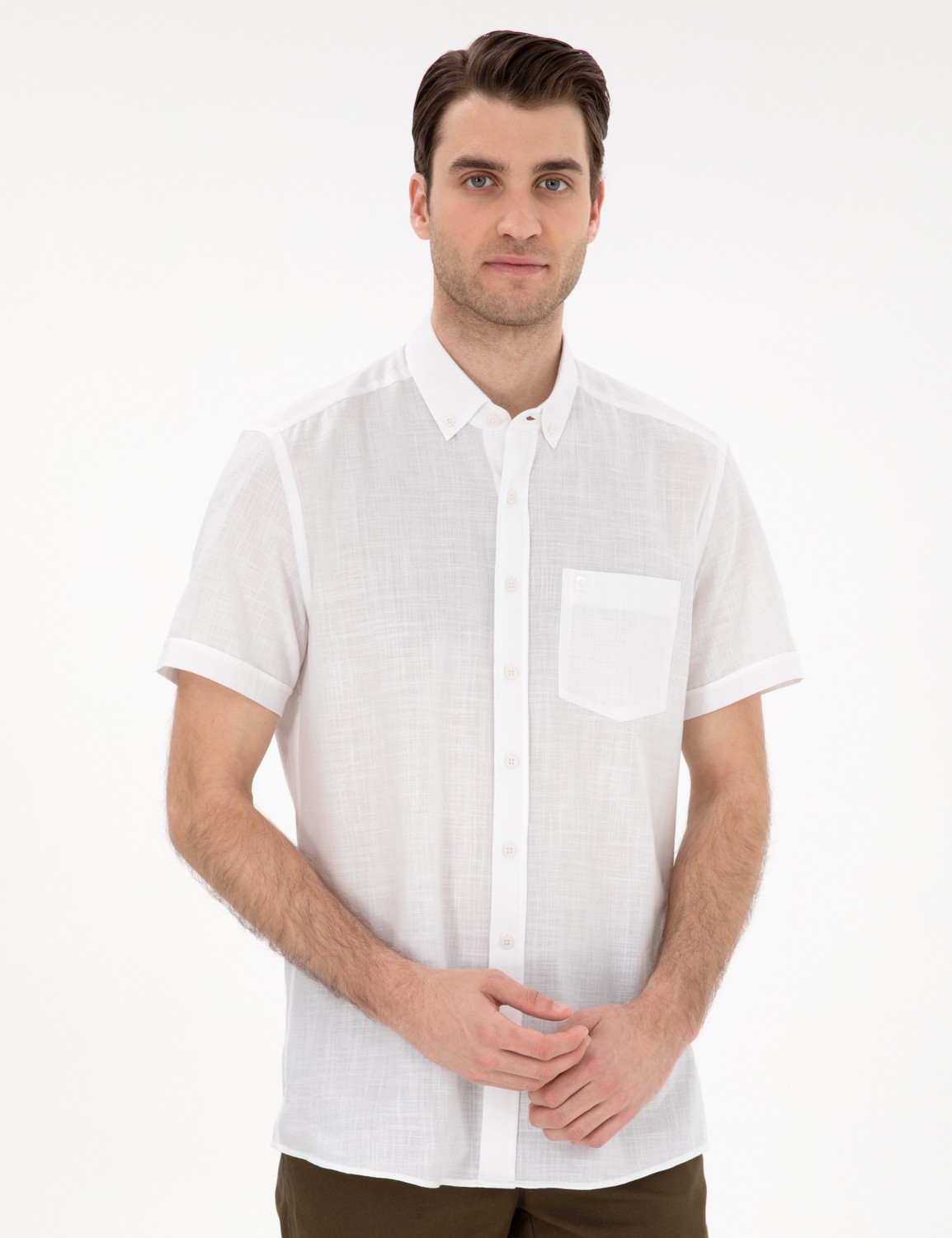 Pierre Cardin Erkek Lacivert Keten Görünümlü Regular Fit Kısa Kollu Cepli Gömlek 50306950-VR033