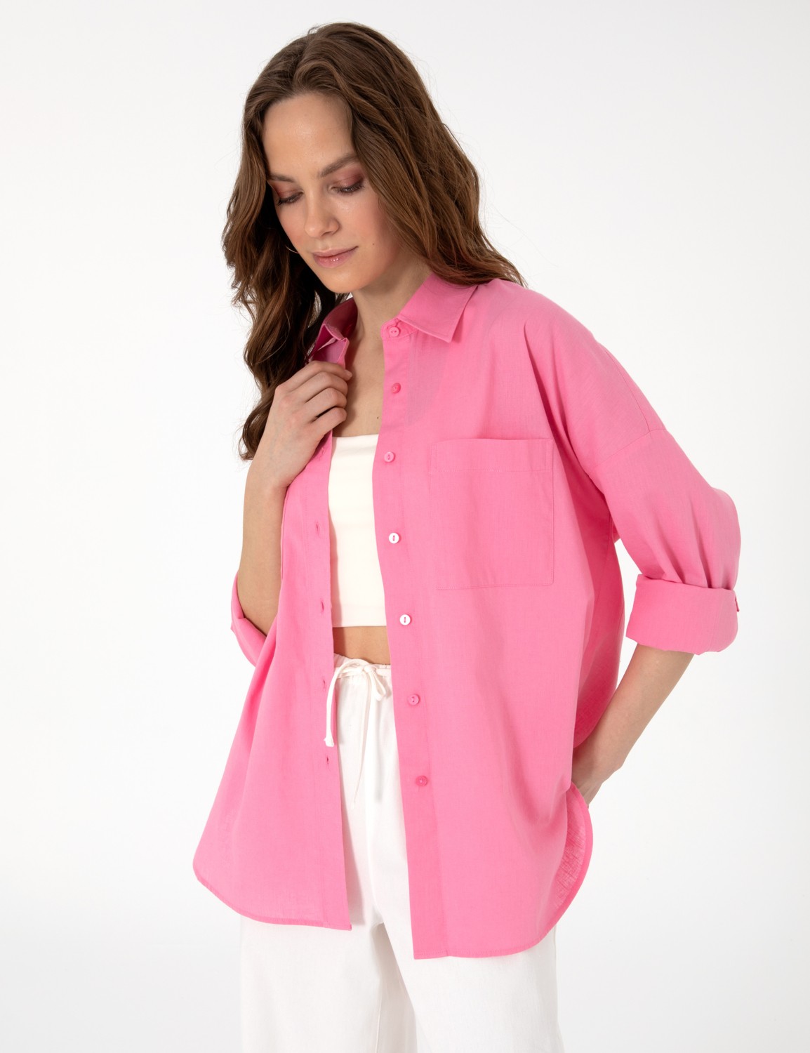 Pierre Cardin Kadın Haki Oversize Keten Karışımlı Uzun Kollu Gömlek 50313128-VR027