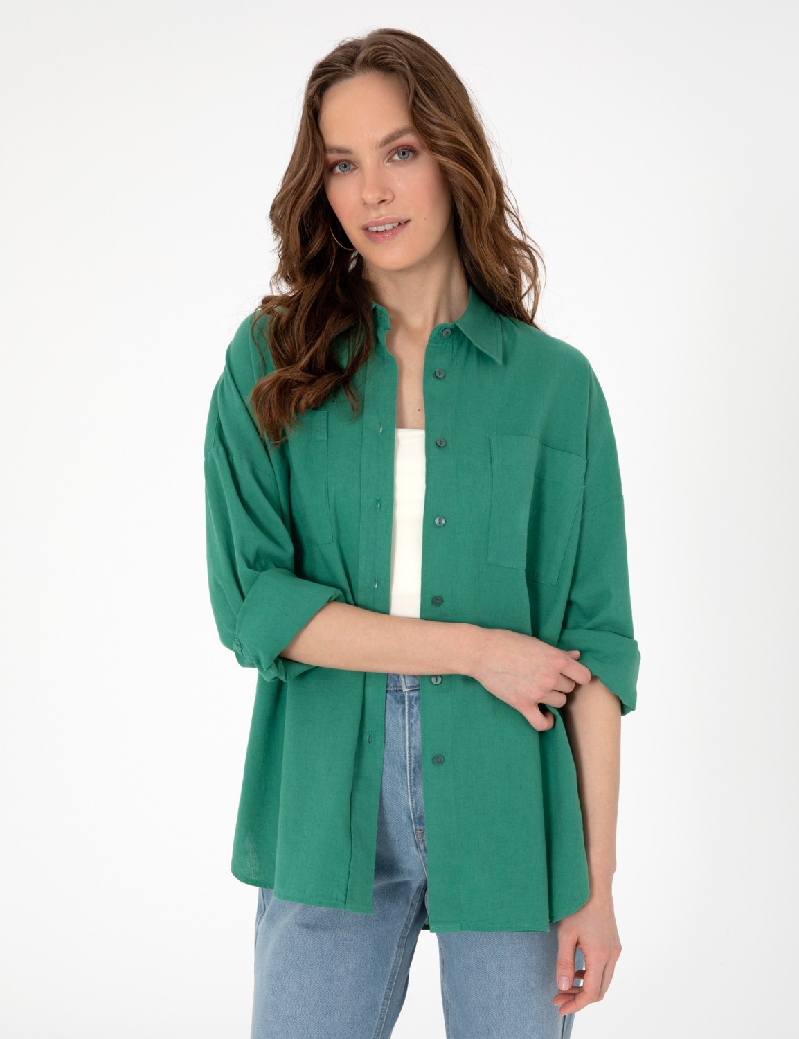 Pierre Cardin Kadın Haki Oversize Keten Karışımlı Uzun Kollu Gömlek 50313128-VR027