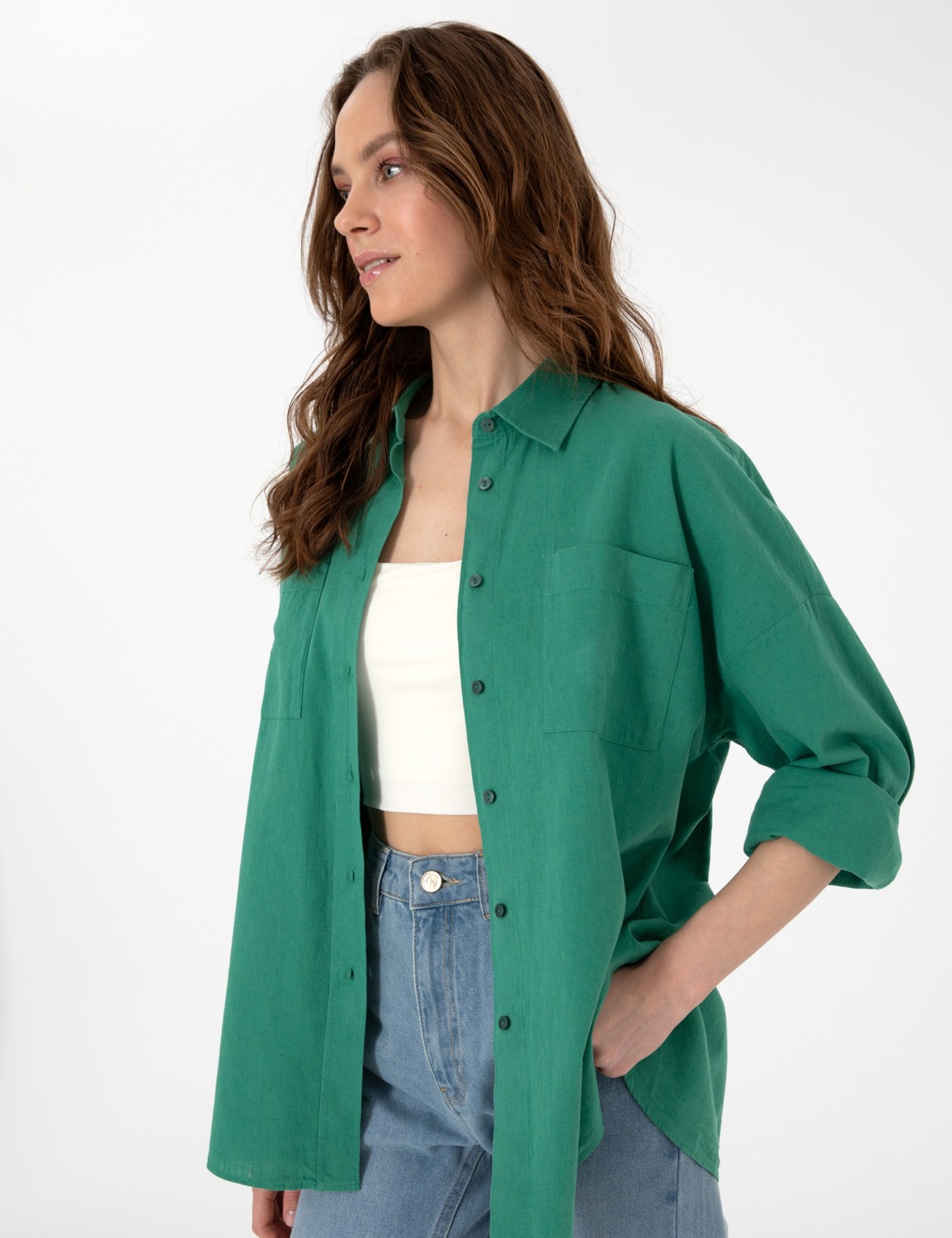 Pierre Cardin Kadın Haki Oversize Keten Karışımlı Uzun Kollu Gömlek 50313128-VR027 görsel 3