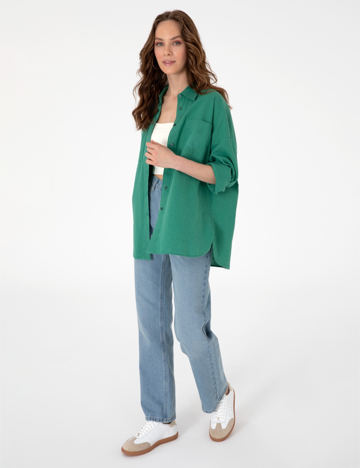 Pierre Cardin Kadın Haki Oversize Keten Karışımlı Uzun Kollu Gömlek 50313128-VR027 görsel 4