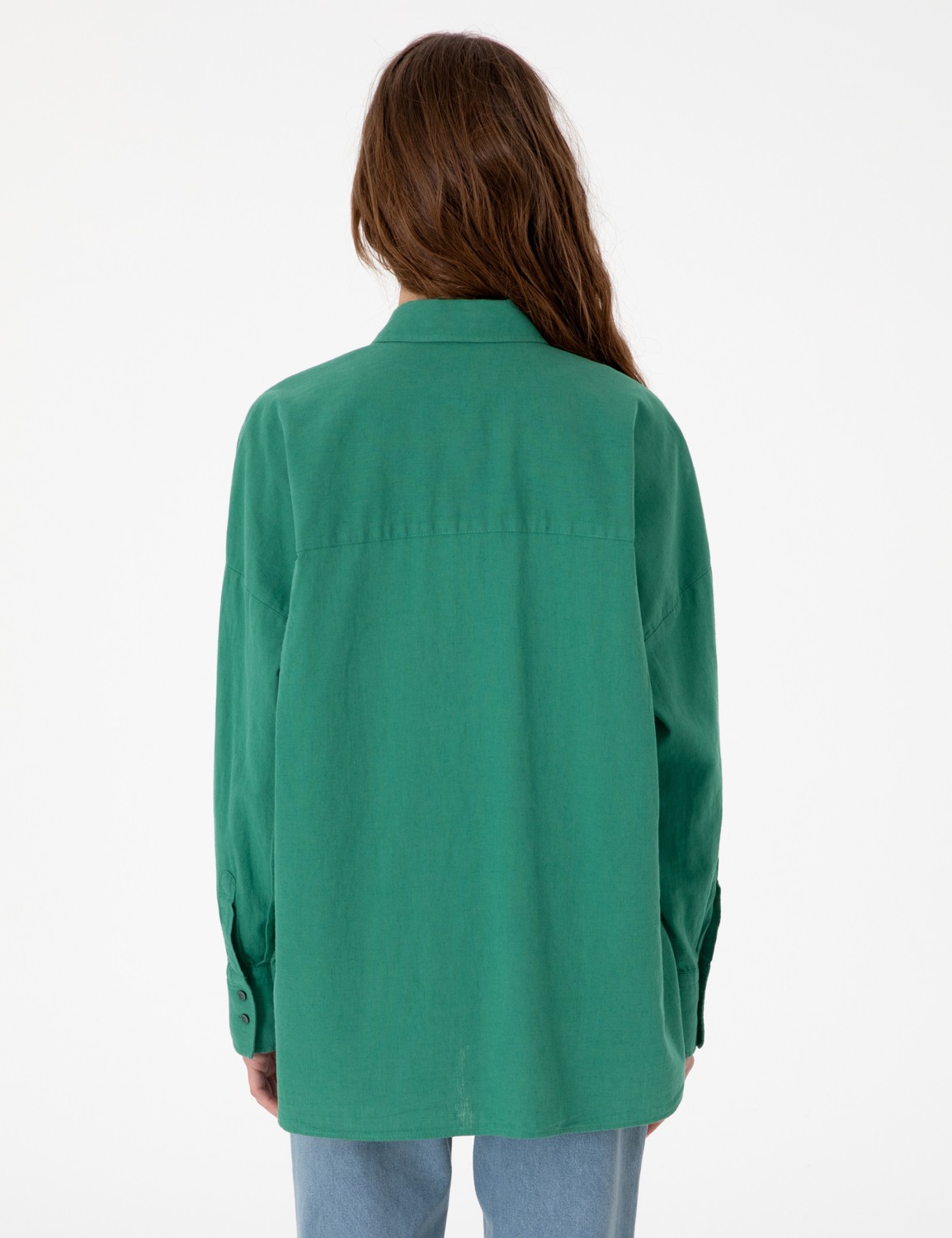 Pierre Cardin Kadın Haki Oversize Keten Karışımlı Uzun Kollu Gömlek 50313128-VR027 görsel 5