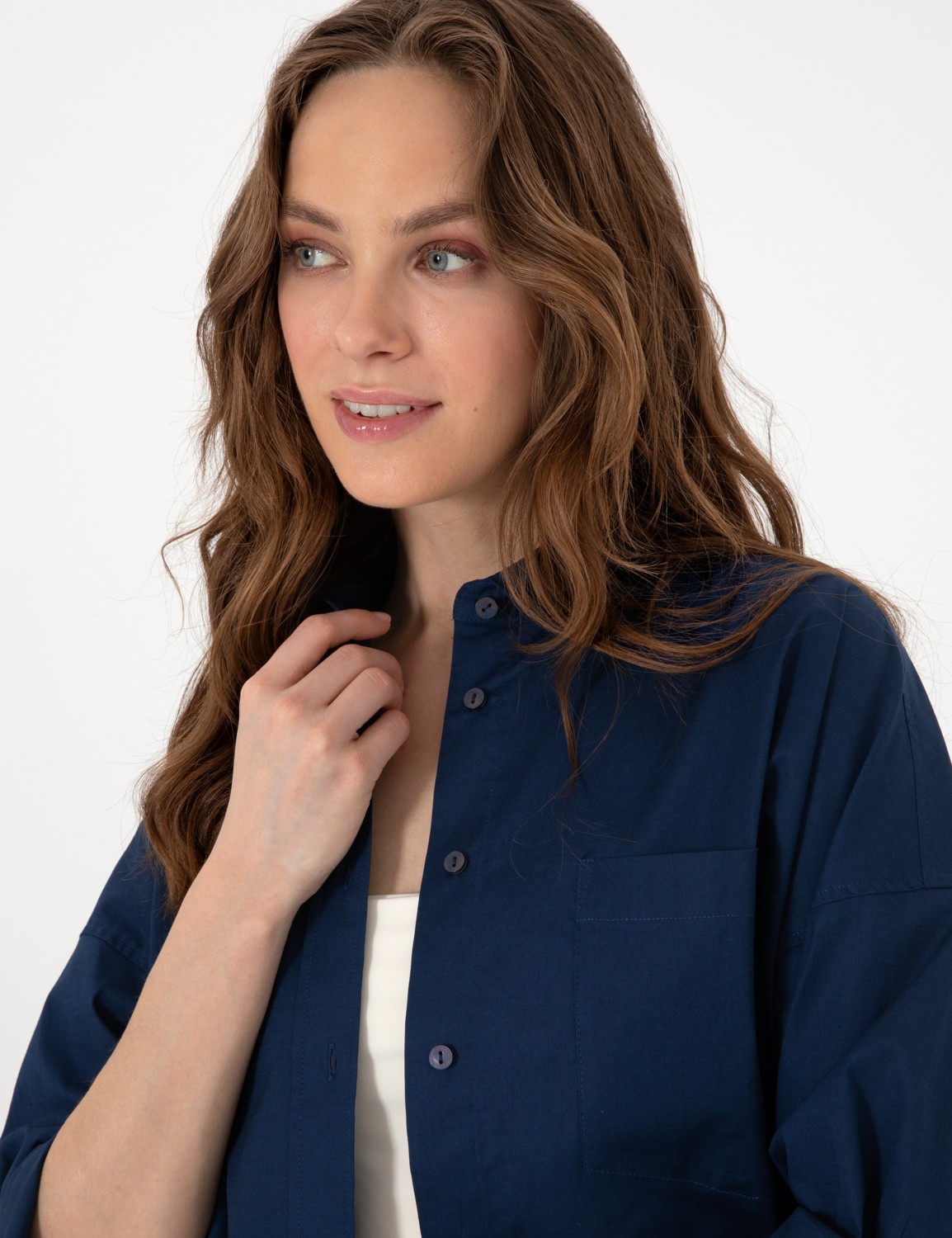 Pierre Cardin Kadın Lacivert Oversize Uzun Kollu Gömlek 50313596-VR033 görsel 2