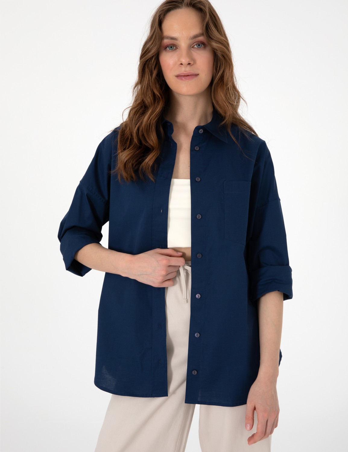 Pierre Cardin Kadın Lacivert Oversize Uzun Kollu Gömlek 50313596-VR033 görsel 3