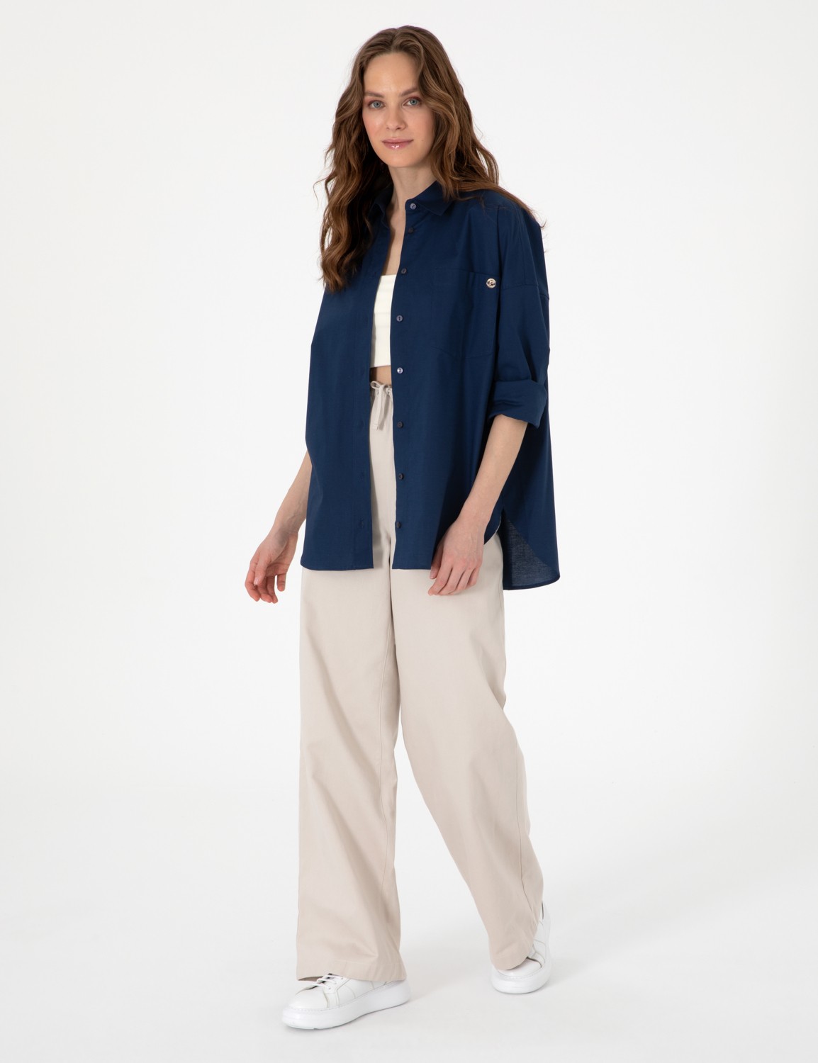 Pierre Cardin Kadın Lacivert Oversize Uzun Kollu Gömlek 50313596-VR033 görsel 4