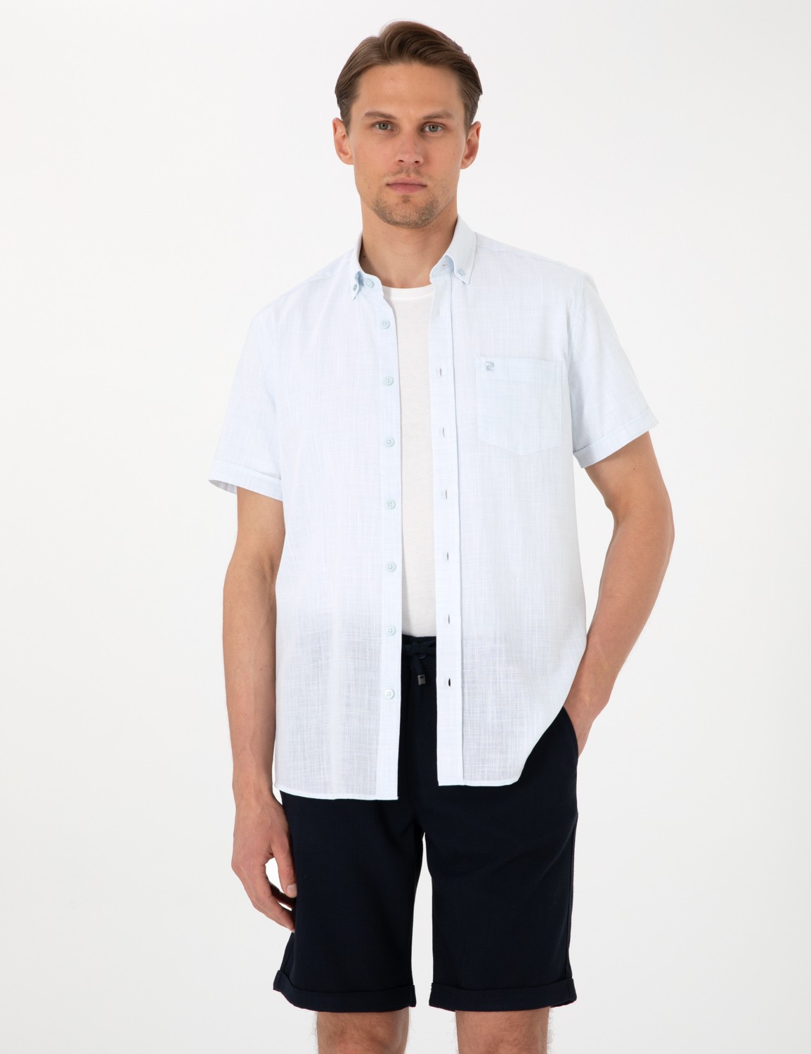 Pierre Cardin Erkek Lacivert Keten Görünümlü Regular Fit Kısa Kollu Cepli Gömlek 50306950-VR033