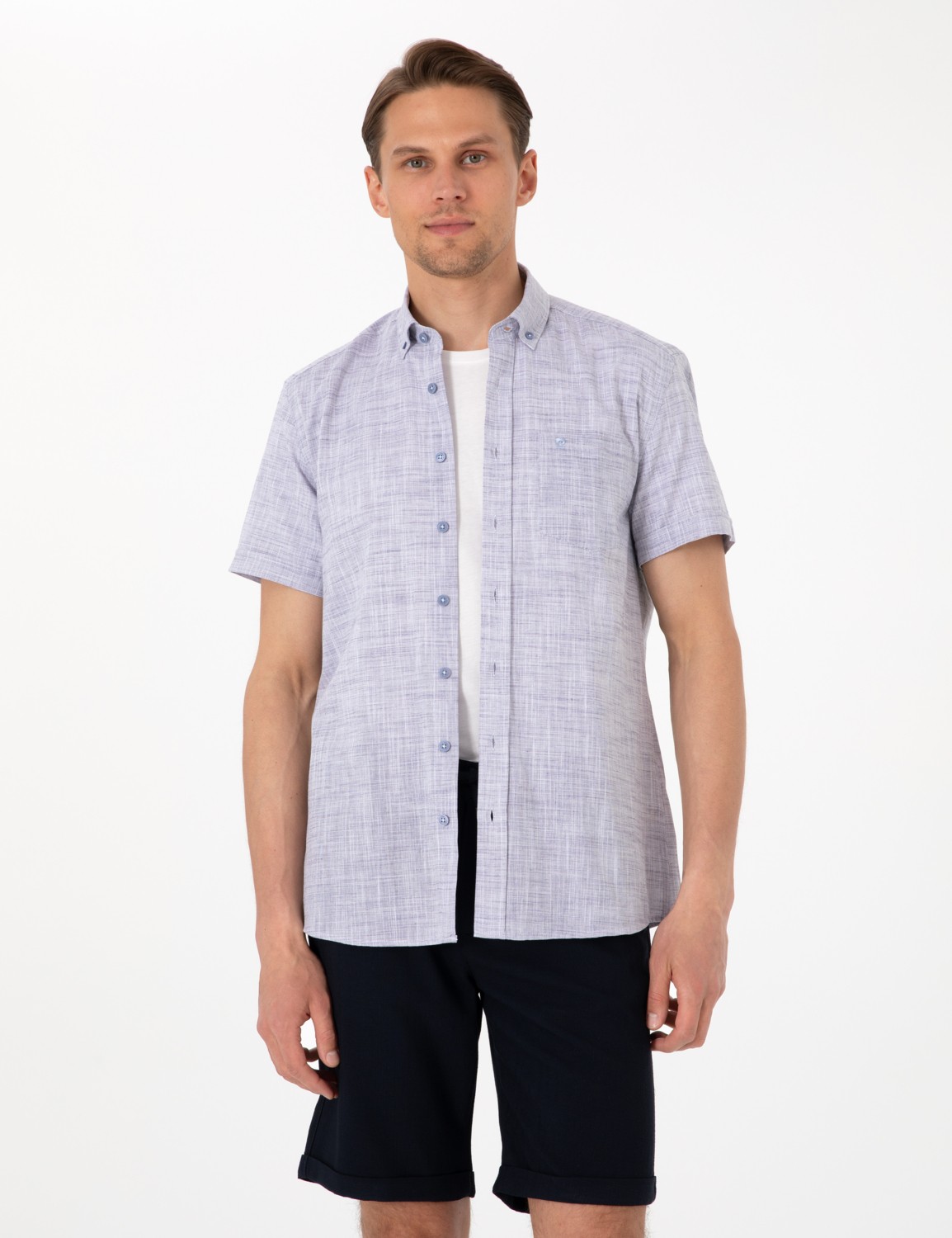 Pierre Cardin Erkek Lacivert Keten Görünümlü Regular Fit Kısa Kollu Cepli Gömlek 50306950-VR033