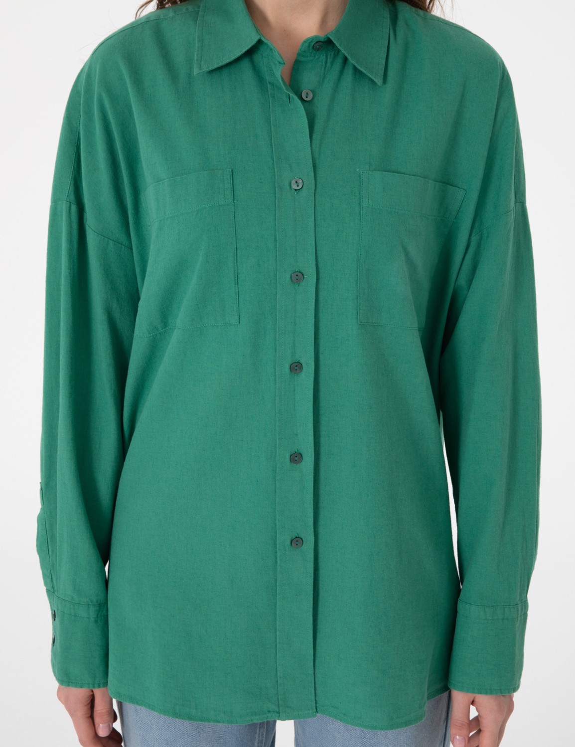Pierre Cardin Kadın Haki Oversize Keten Karışımlı Uzun Kollu Gömlek 50313128-VR027 görsel 6
