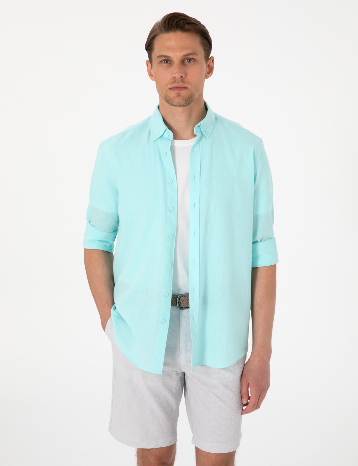 Pierre Cardin Erkek Beyaz Keten Karışımlı Regular Fit Uzun Kollu Gömlek 50303388-VR013