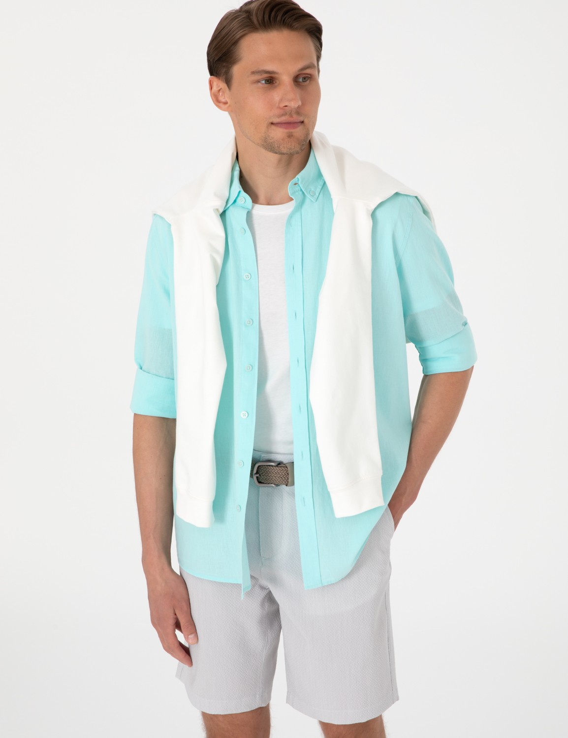 Pierre Cardin Erkek Beyaz Keten Karışımlı Regular Fit Uzun Kollu Gömlek 50303388-VR013 görsel 3
