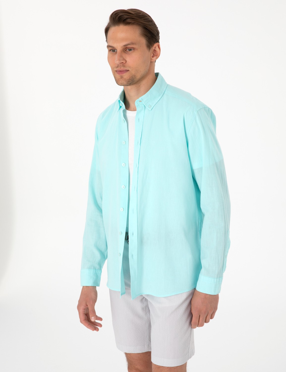 Pierre Cardin Erkek Beyaz Keten Karışımlı Regular Fit Uzun Kollu Gömlek 50303388-VR013 görsel 4