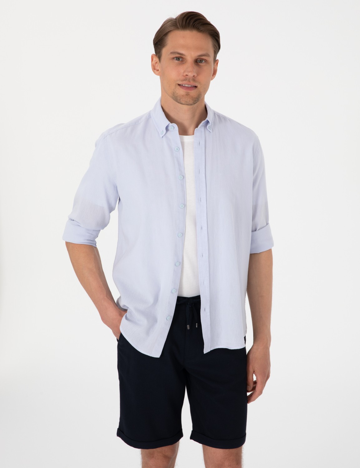 Pierre Cardin Erkek Beyaz Keten Karışımlı Regular Fit Uzun Kollu Gömlek 50303388-VR013