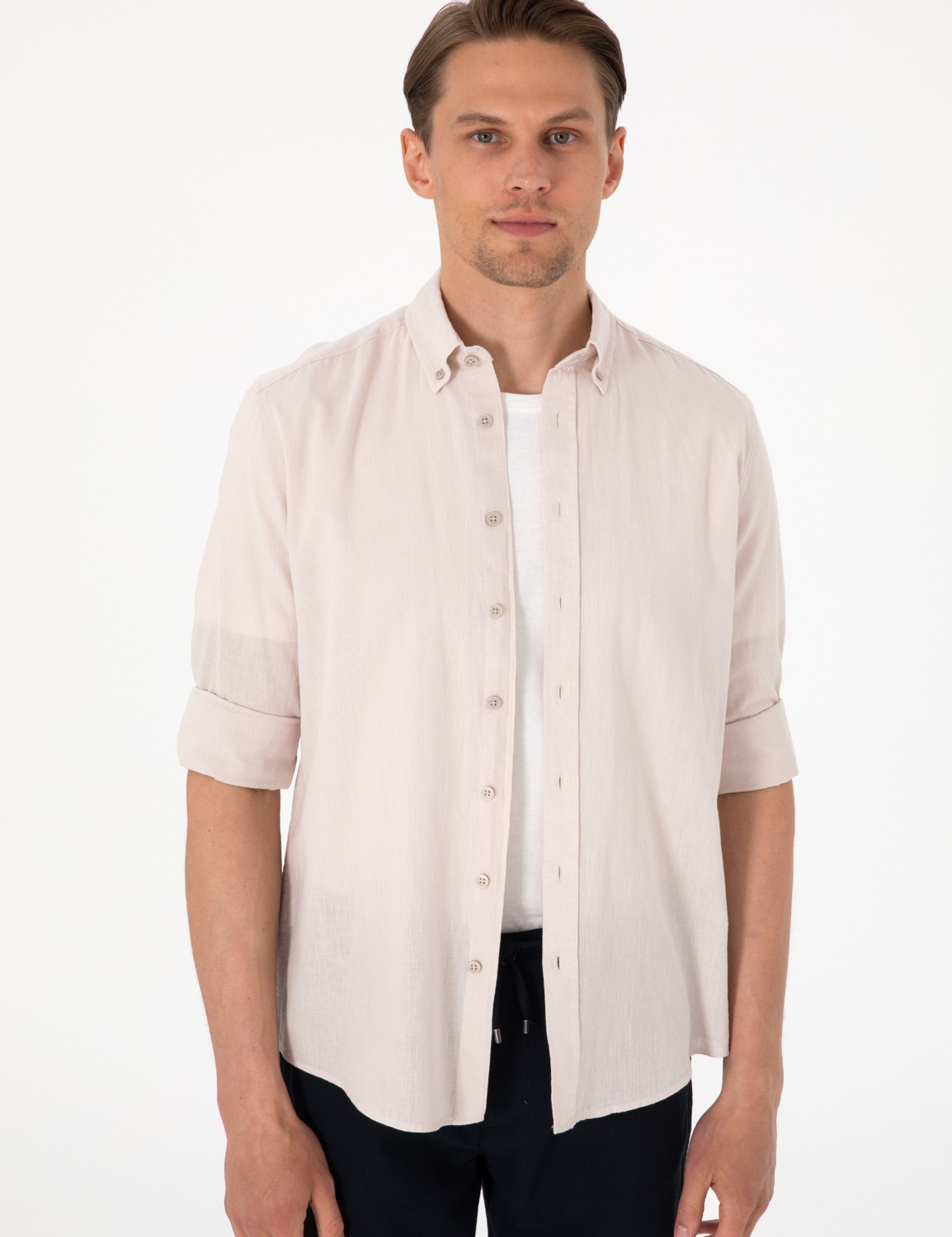 Pierre Cardin Erkek Beyaz Keten Karışımlı Regular Fit Uzun Kollu Gömlek 50303388-VR013