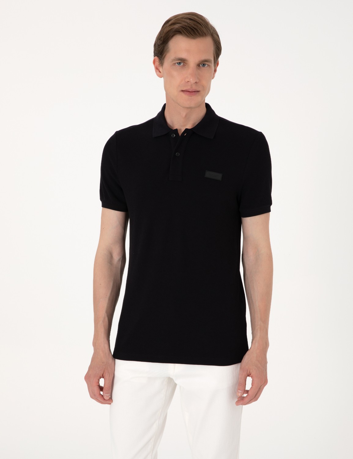 Pierre Cardin Erkek Lacivert Slim Fit Örme Dokulu Polo Yaka Tişört 50309959-VR033 görsel 3