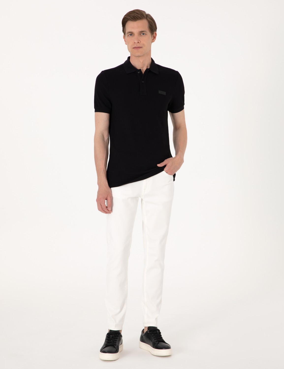 Pierre Cardin Erkek Lacivert Slim Fit Örme Dokulu Polo Yaka Tişört 50309959-VR033 görsel 4