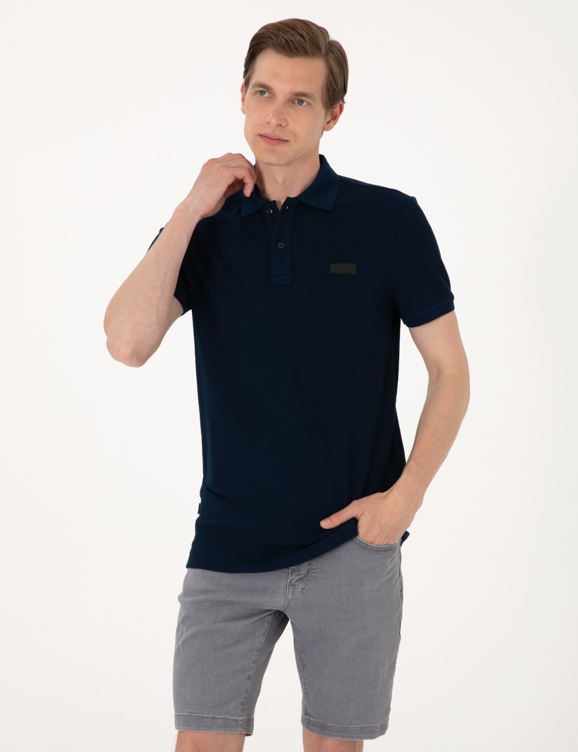 Pierre Cardin Erkek Lacivert Slim Fit Örme Dokulu Polo Yaka Tişört 50309959-VR033 görsel 8