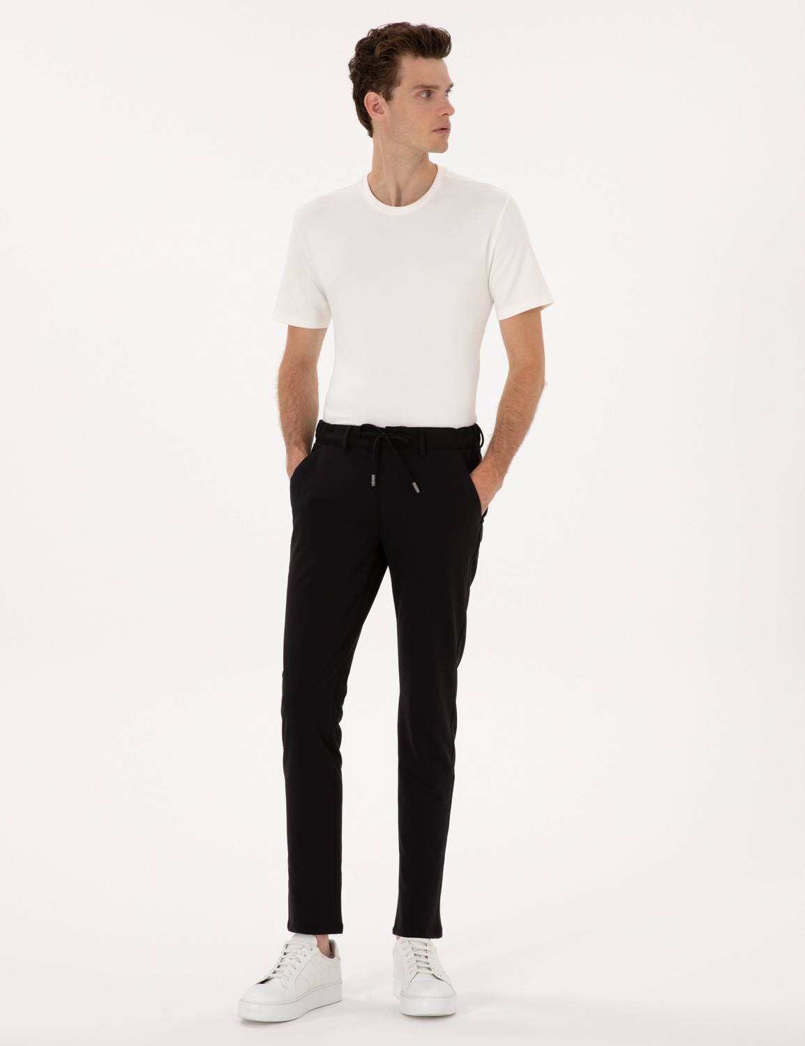 Pierre Cardin Erkek Siyah Slim Fit Beli Lastikli Kordonlu Jogger Kanvas Pantolon 50317281-VR046 görsel 3