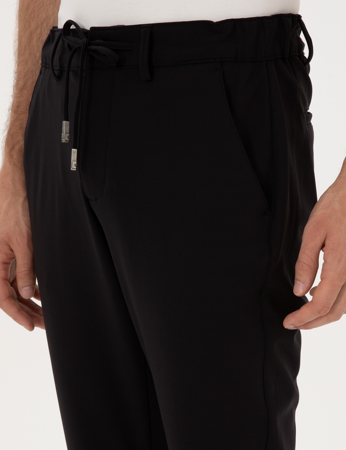 Pierre Cardin Erkek Siyah Slim Fit Beli Lastikli Kordonlu Jogger Kanvas Pantolon 50317281-VR046 görsel 5