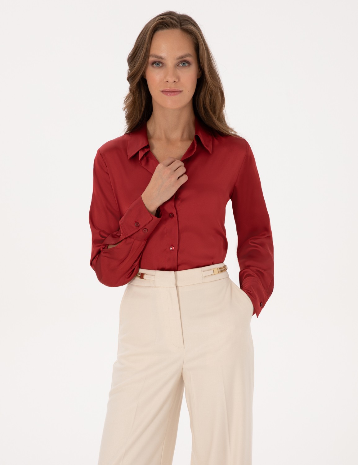 Pierre Cardin Kadın Bordo Regular Fit Saten Uzun Kollu Gömlek 50319346-VR014