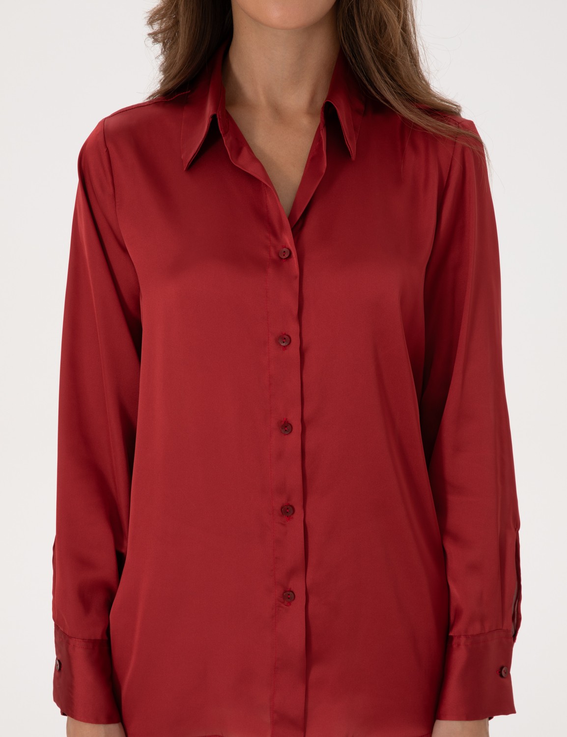Pierre Cardin Kadın Bordo Regular Fit Saten Uzun Kollu Gömlek 50319346-VR014 görsel 6