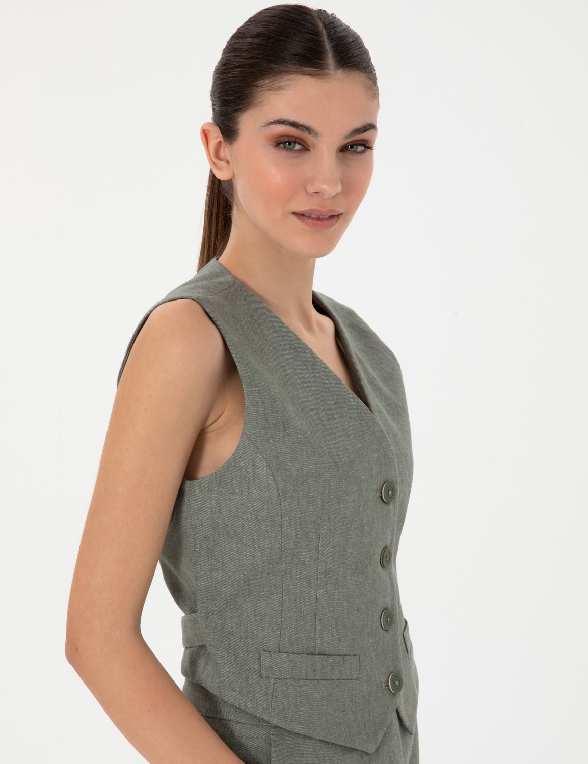 Pierre Cardin Kadın Haki Keten Karışımlı Yelek 50306488-VR027 görsel 3