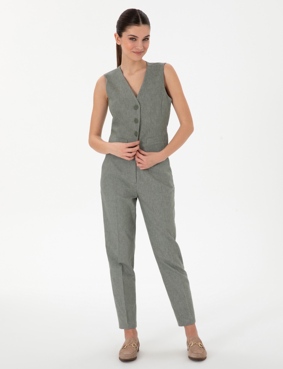 Pierre Cardin Kadın Haki Keten Karışımlı Yelek 50306488-VR027 görsel 4