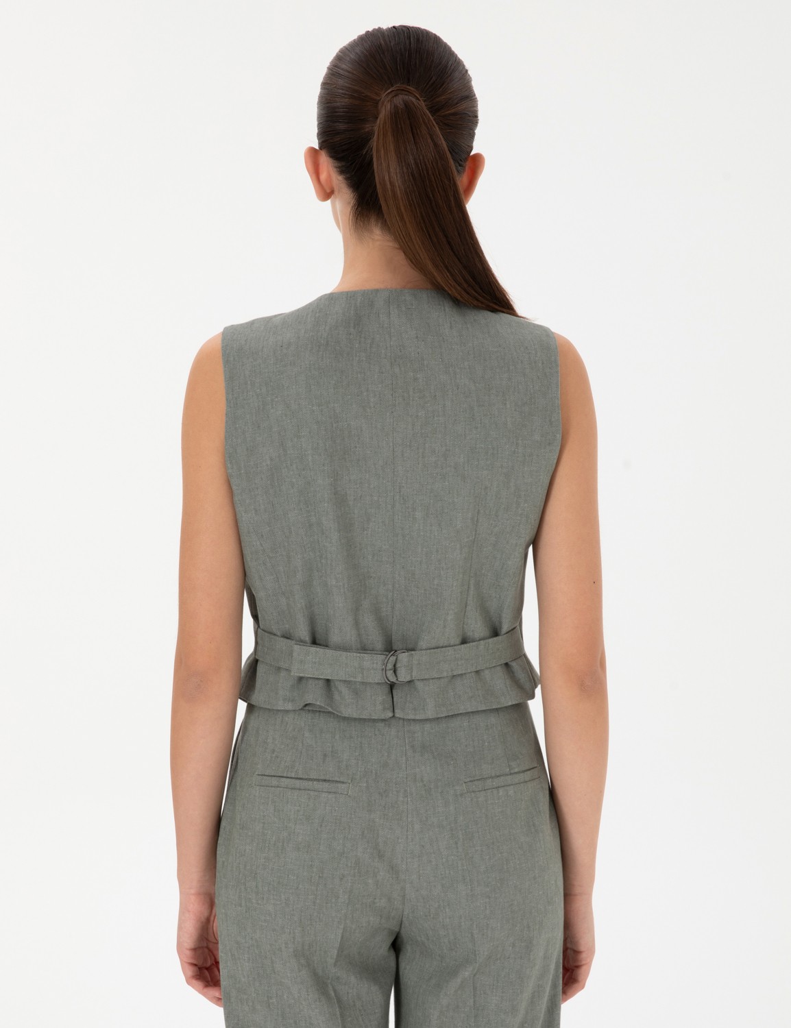 Pierre Cardin Kadın Haki Keten Karışımlı Yelek 50306488-VR027 görsel 5