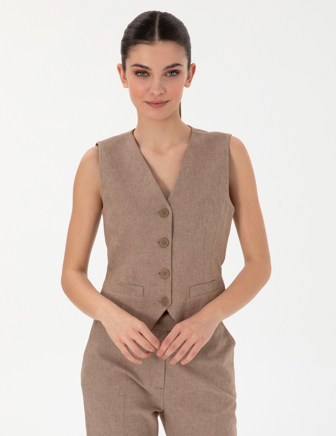 Pierre Cardin Kadın Haki Keten Karışımlı Yelek 50306488-VR027 görsel 8