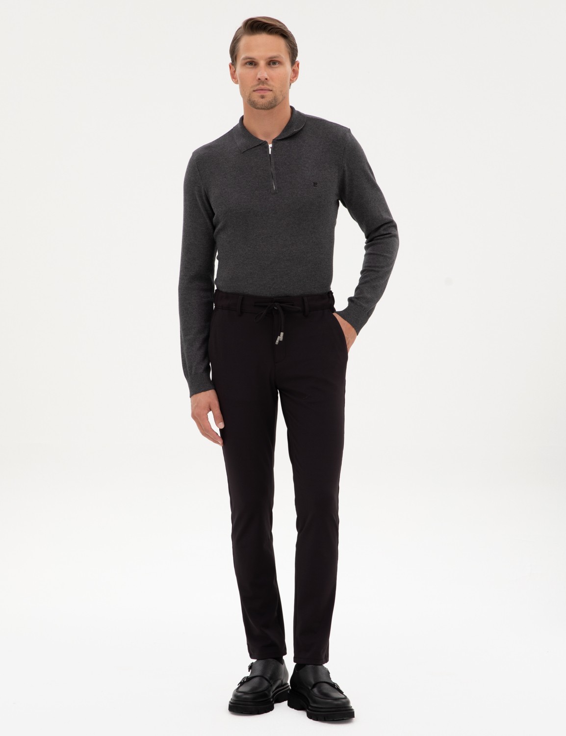 Pierre Cardin Erkek Siyah Slim Fit Beli Lastikli Kordonlu Jogger Kanvas Pantolon 50317281-VR046 görsel 7