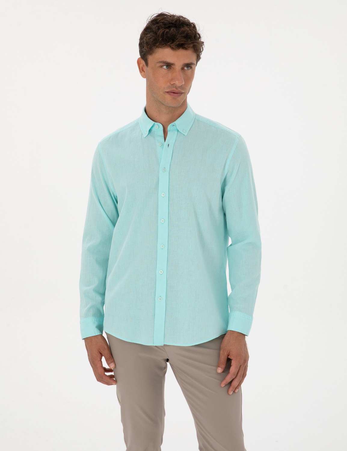 Pierre Cardin Erkek Beyaz Keten Karışımlı Regular Fit Uzun Kollu Gömlek 50303388-VR013 görsel 7