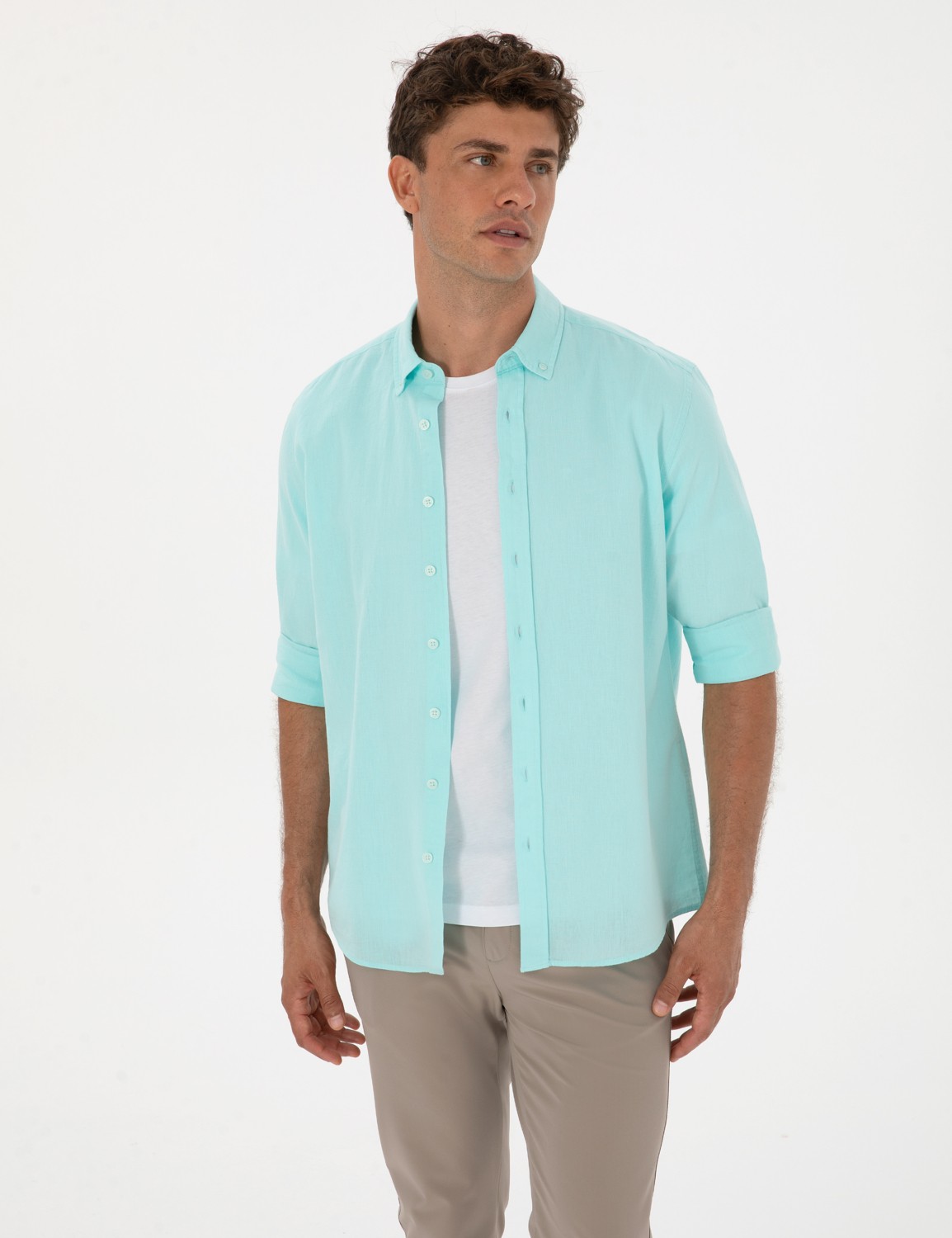 Pierre Cardin Erkek Beyaz Keten Karışımlı Regular Fit Uzun Kollu Gömlek 50303388-VR013 görsel 8