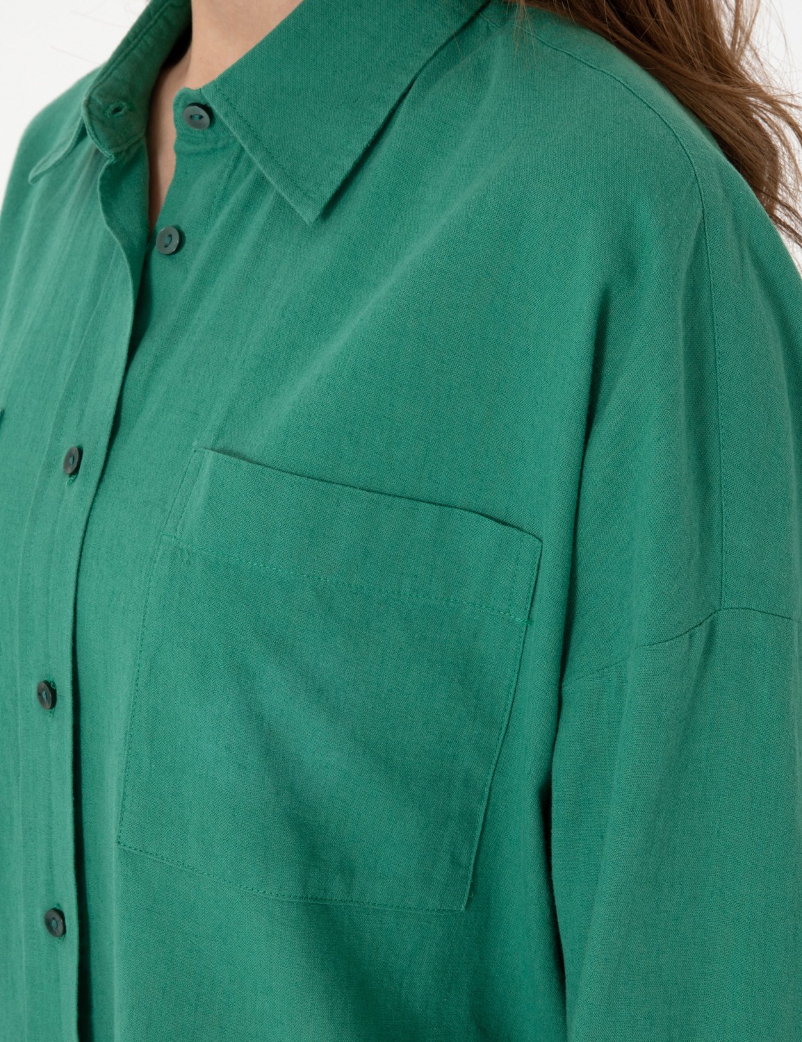 Pierre Cardin Kadın Haki Oversize Keten Karışımlı Uzun Kollu Gömlek 50313128-VR027 görsel 7