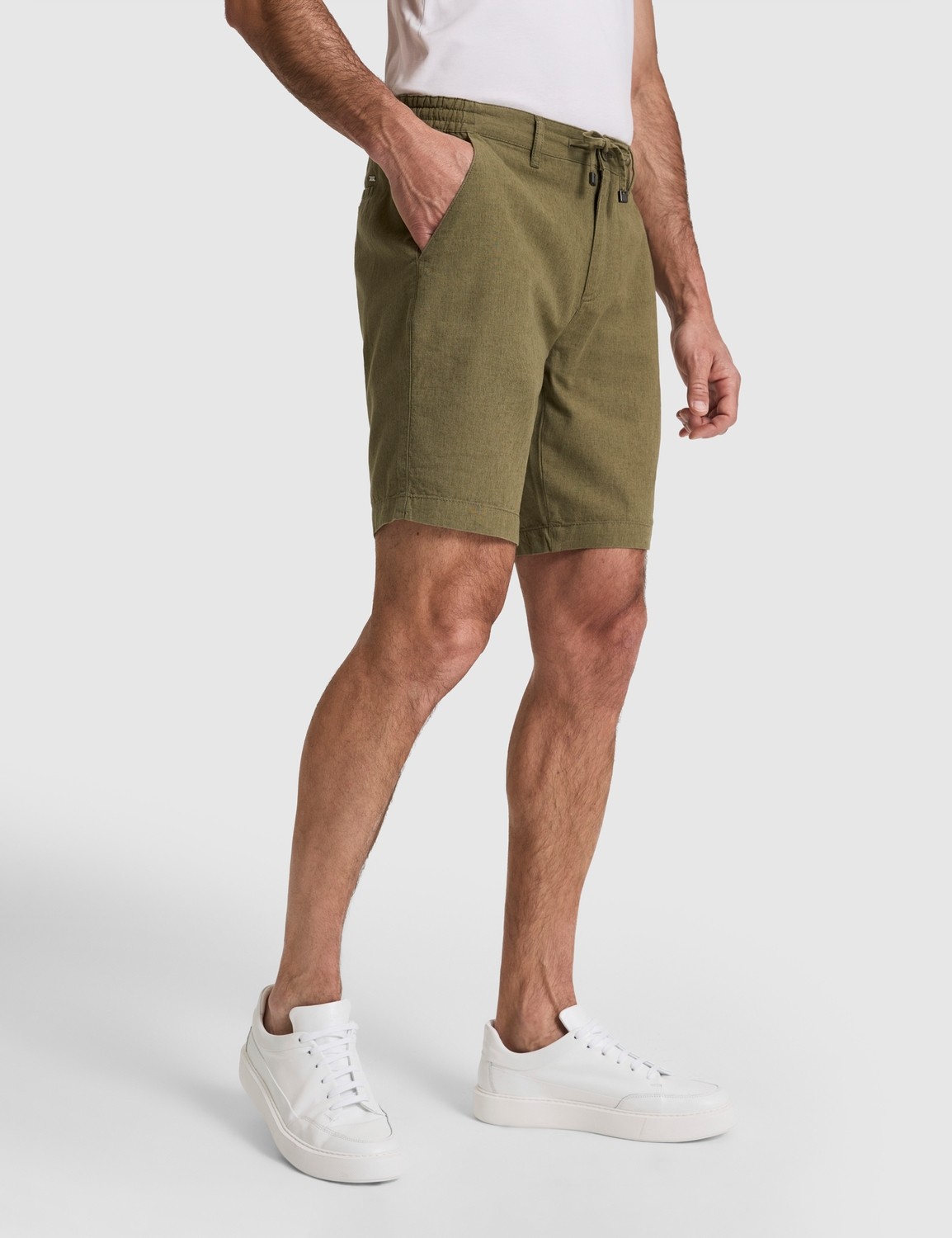 Pierre Cardin Erkek Haki Slim Fit Keten Karışımlı Beli Lastikli Kordonlu Dokuma Şort 50327883-VR027 görsel 4