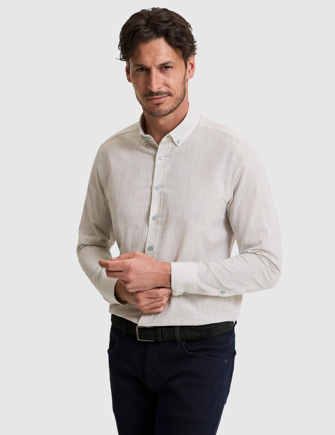 Pierre Cardin Erkek Koyu Lacivert %100 Pamuk Keten Görünümlü Slim Fit Uzun Kollu Gömlek 50325355-VR100