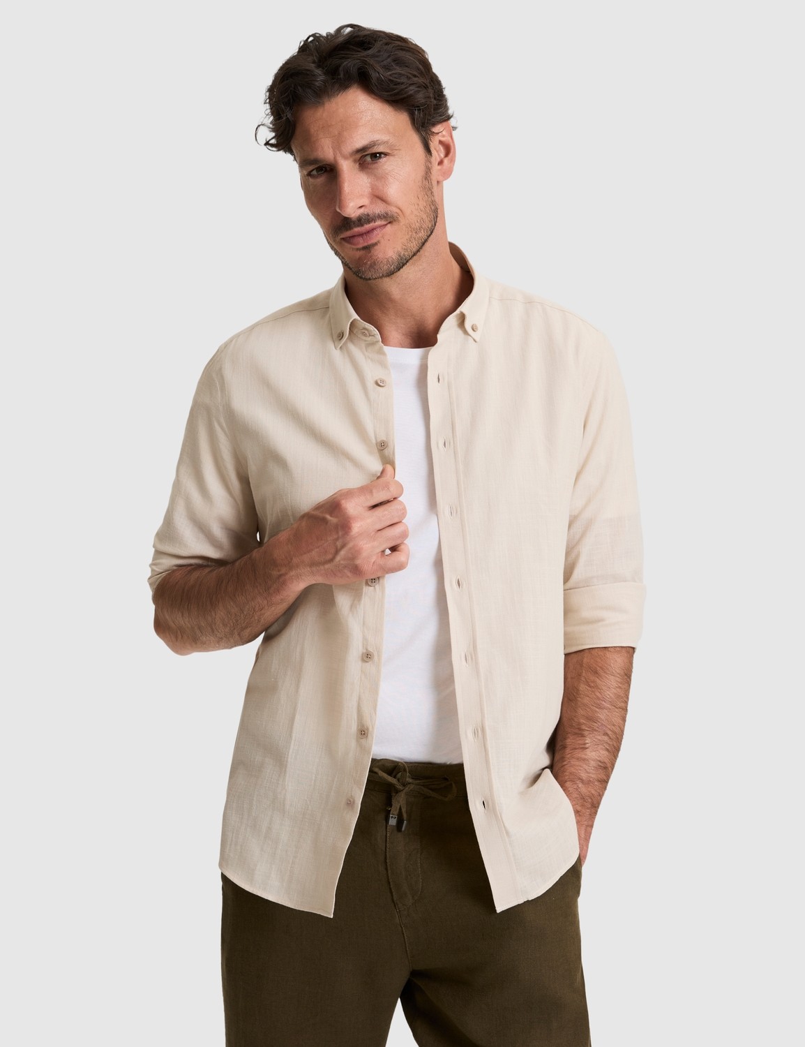 Pierre Cardin Erkek Koyu Lacivert %100 Pamuk Keten Görünümlü Slim Fit Uzun Kollu Gömlek 50325355-VR100