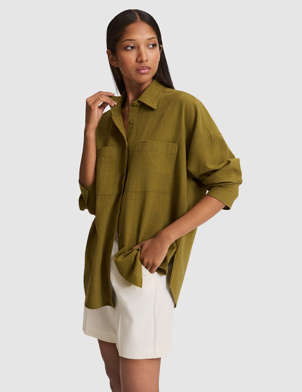 Pierre Cardin Kadın Siyah Oversize Keten Karışımlı Gömlek 50328624-VR046 görsel 3