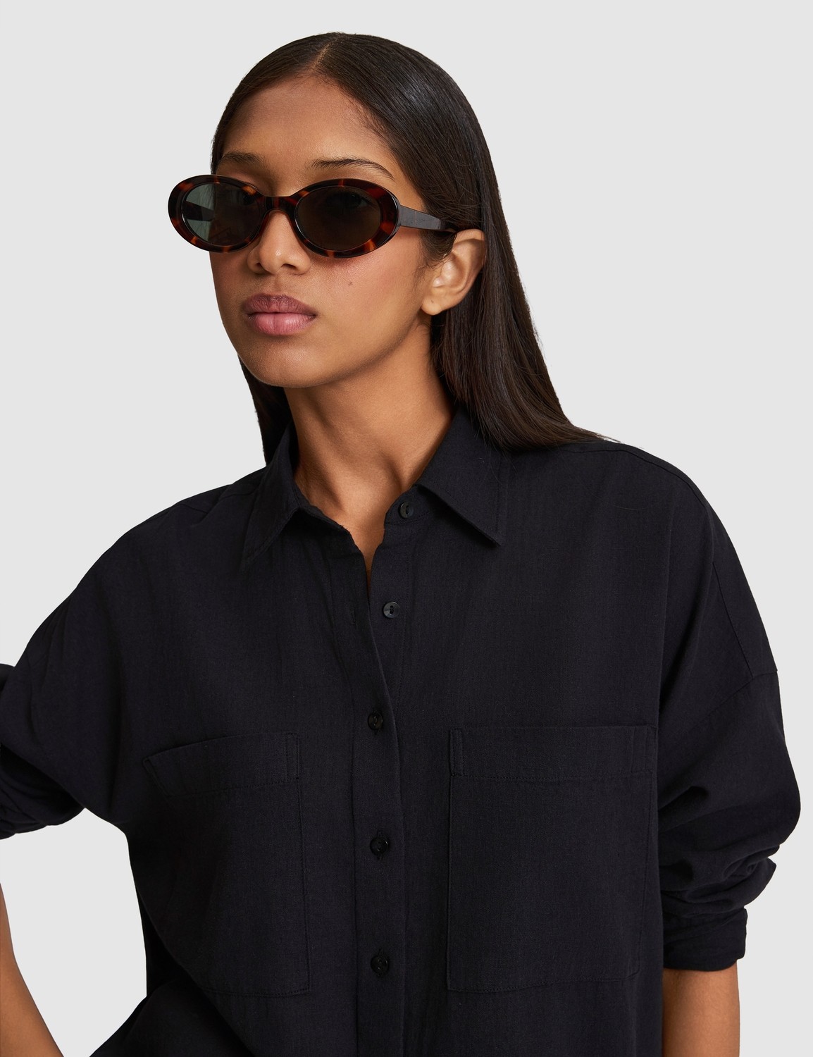 Pierre Cardin Kadın Siyah Oversize Keten Karışımlı Gömlek 50328624-VR046 görsel 8