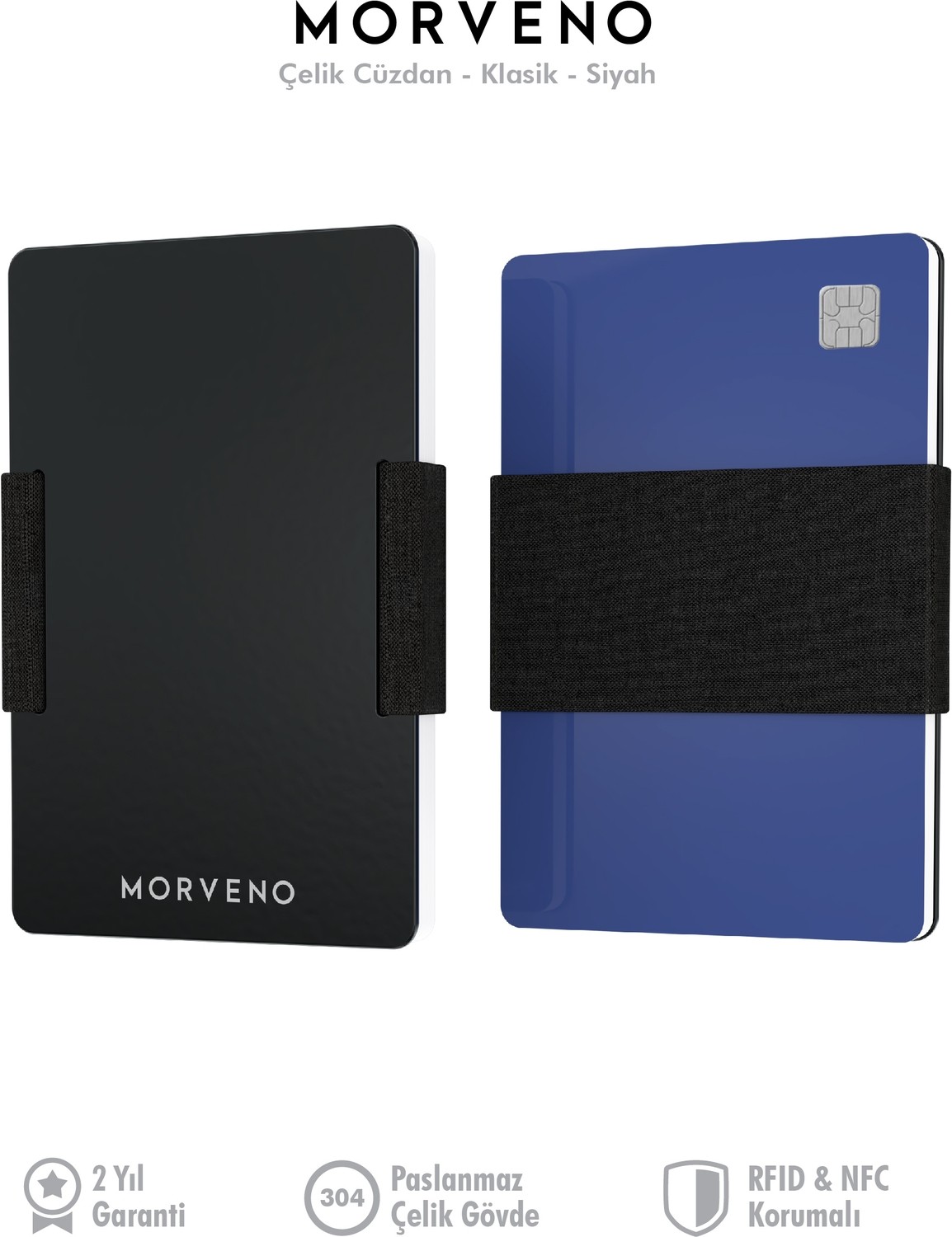 Morveno Metal Kartlık & Cüzdan - Klasik - Nfc & Rfıd Korumalı - Paslanmaz Çelik - Mat Siyah