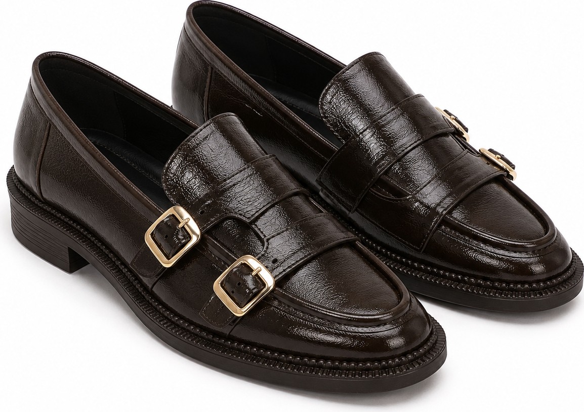 Patron Shoes Kadın Çift Tokalı Loafer Ayakkabı, Parlak Görünümlü Günlük Klasik Model