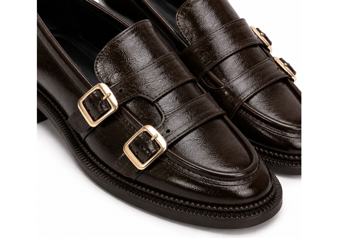 Patron Shoes Kadın Çift Tokalı Loafer Ayakkabı, Parlak Görünümlü Günlük Klasik Model görsel 2