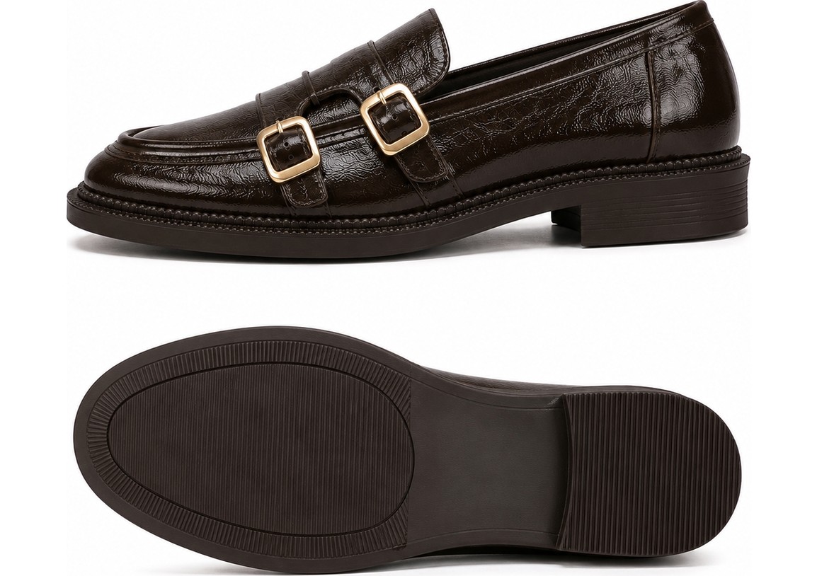 Patron Shoes Kadın Çift Tokalı Loafer Ayakkabı, Parlak Görünümlü Günlük Klasik Model görsel 3