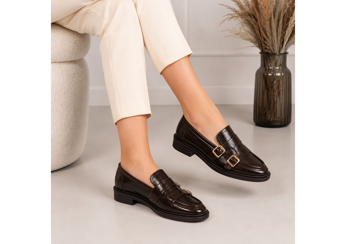 Patron Shoes Kadın Çift Tokalı Loafer Ayakkabı, Parlak Görünümlü Günlük Klasik Model görsel 4