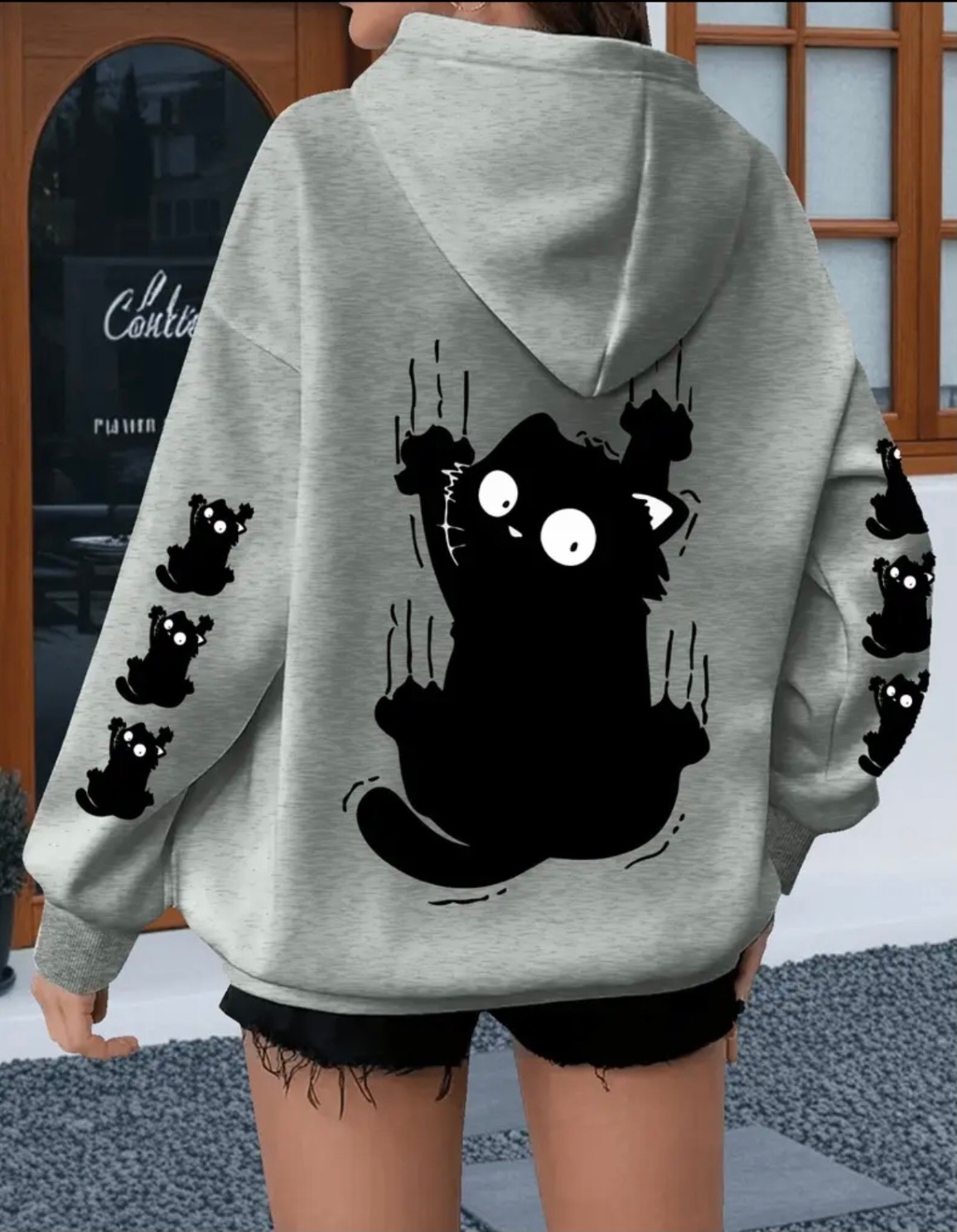 Punix Punıx Büyük Beden Özel Seri Kapüşonlu Siyah Kedi Kol Sırt Baskılı Oversize Modern Kadın Sweatshırt