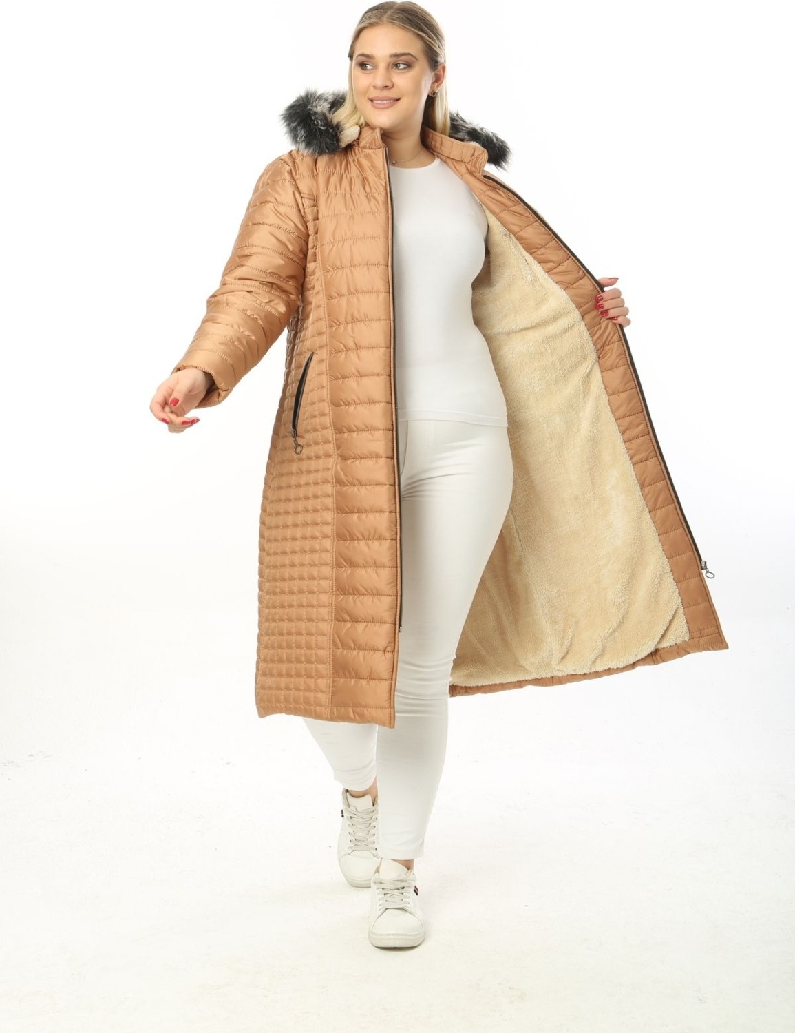 TUTveAL Collection Kadın Hardal Içi Kürklü Mont Uzun Kapitone Mont Kapüşonlu Büyük Beden Mont görsel 6