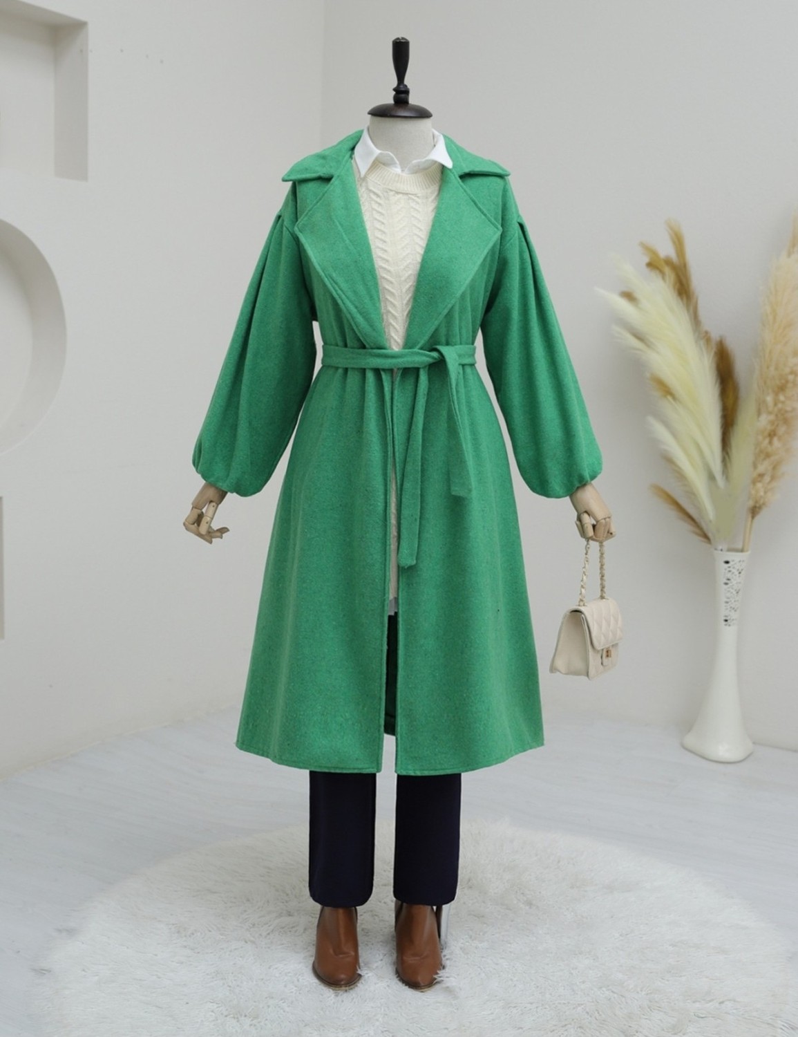 Moda Morfo Balon Kol Kemerli Kap -Yeşil görsel 2
