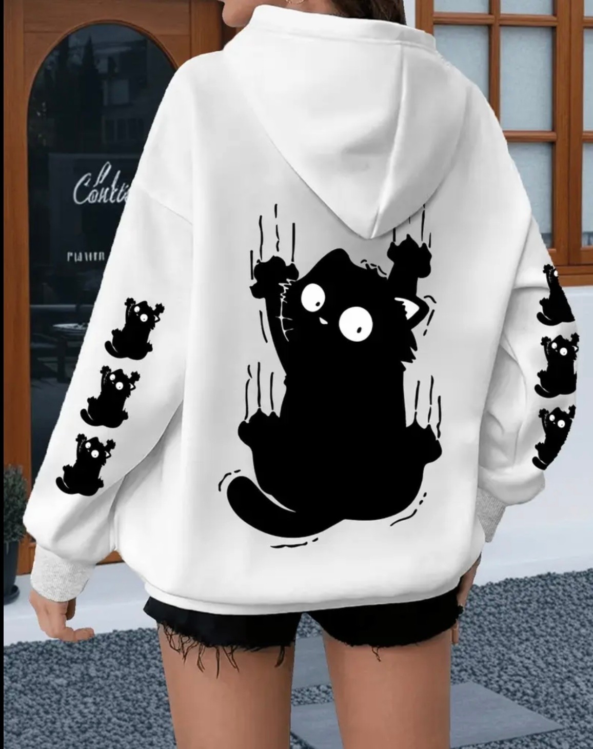Punix Punıx Büyük Beden Özel Seri Kapüşonlu Siyah Kedi Kol Sırt Baskılı Oversize Modern Kadın Sweatshırt