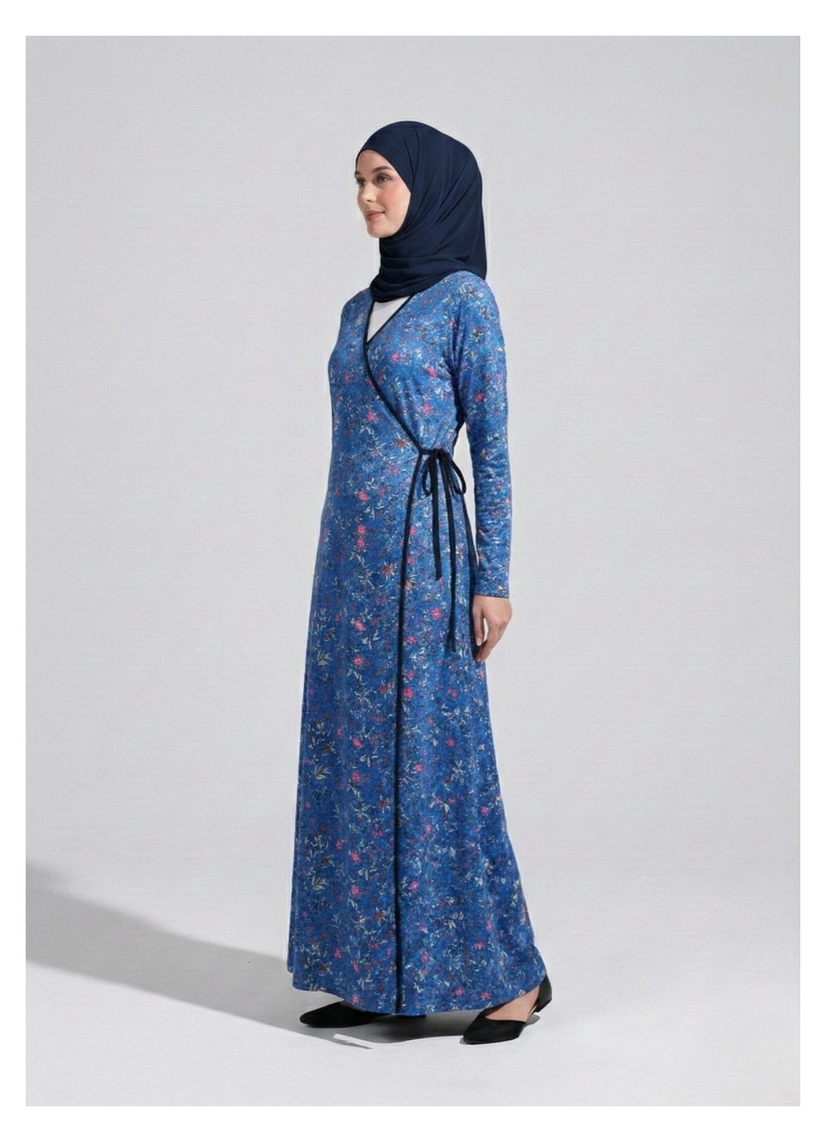 Plistre 2311_PRATIK Yandan Bağlamalı Kruvaze Biye Kuşaklı %100 Polyester Kumaş Tesettür Namaz Elbisesi görsel 2