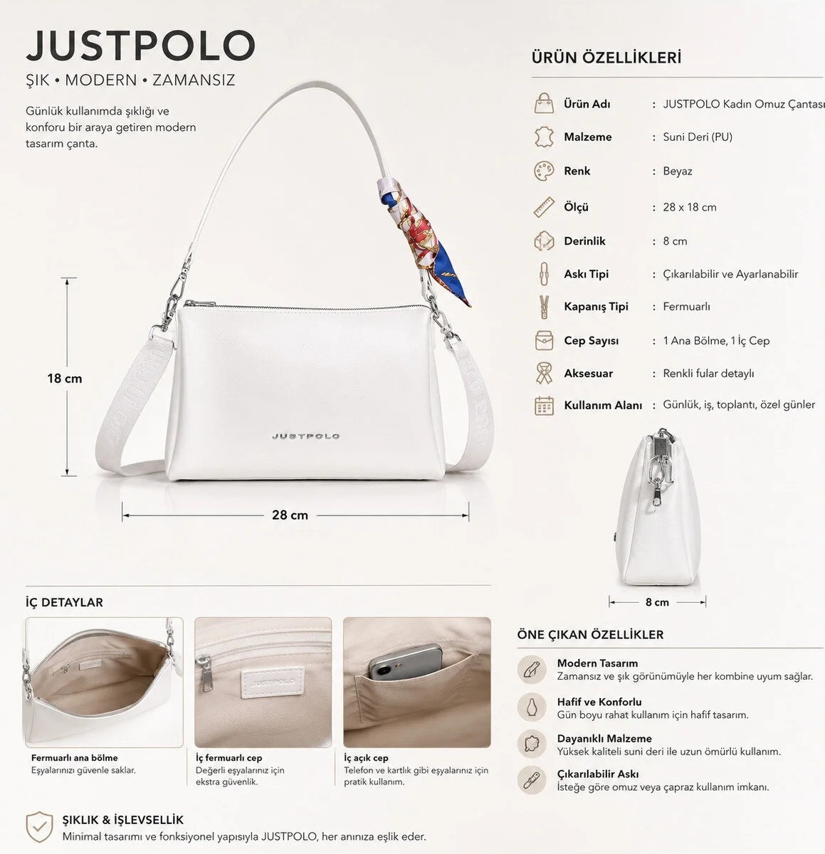 Just Polo Kadın Yeni Sezon Yumuşak Deri Şal Detaylı Ayarlanabilir Askılı Şık El ve Omuz Çantası Shopper görsel 3